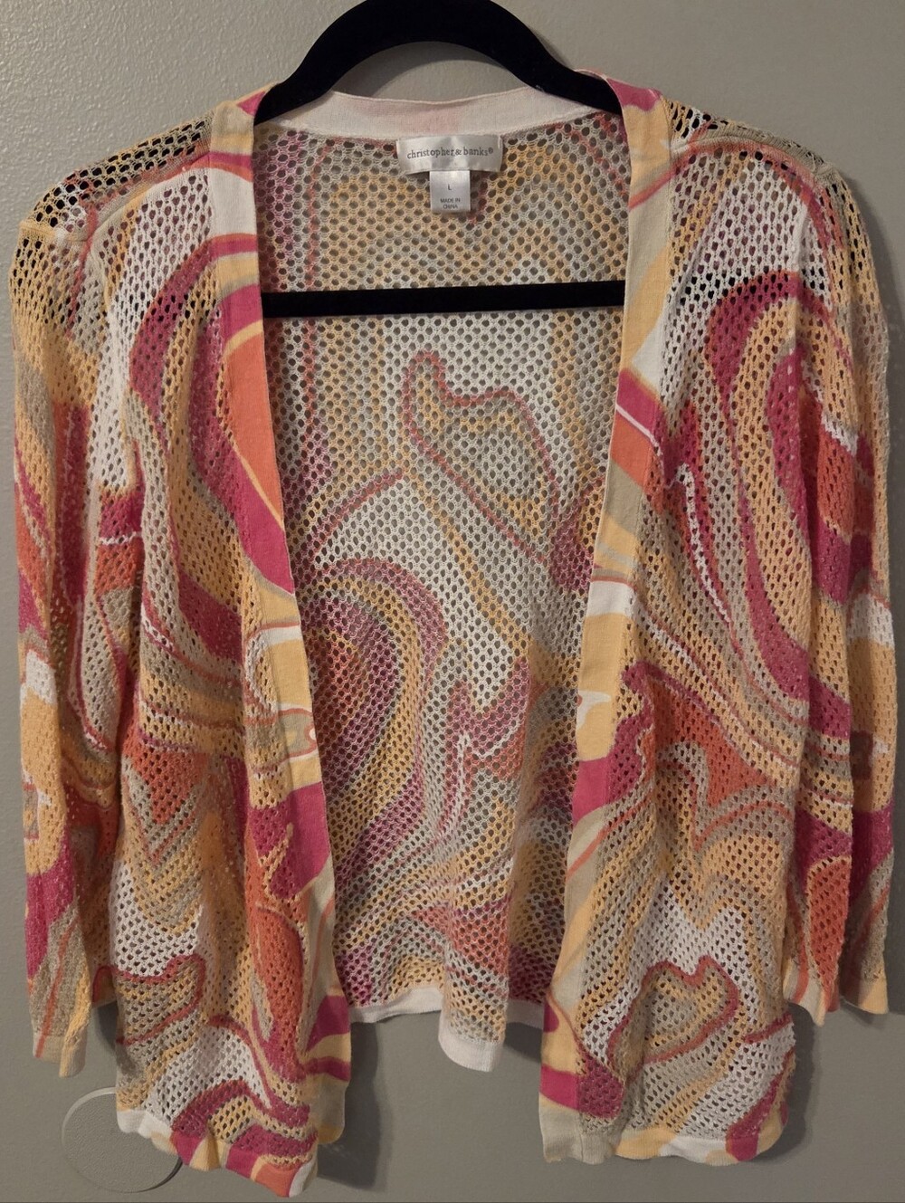 Women's Orange Paisley Open Knit Overlay Cardign Boho Sweater . Sz L